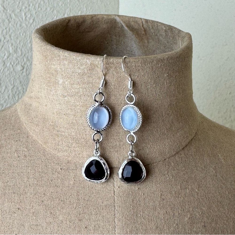 Upcycled Silver Tone Pierced Earrings with Faux Blue Agate and Garnet Drops
